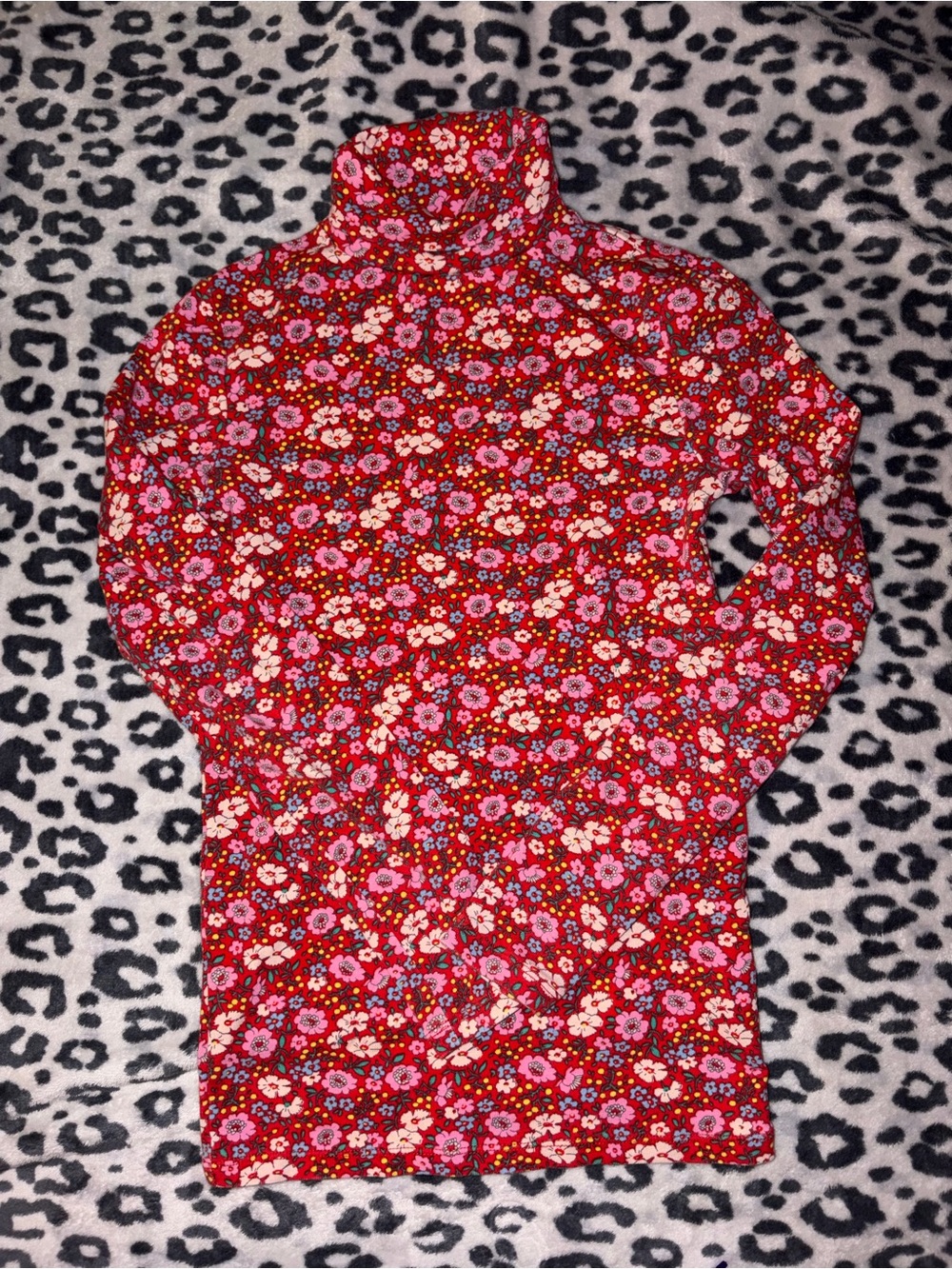 Mini Boden Red Floral Turtleneck Top with Pink & Cream Flowers